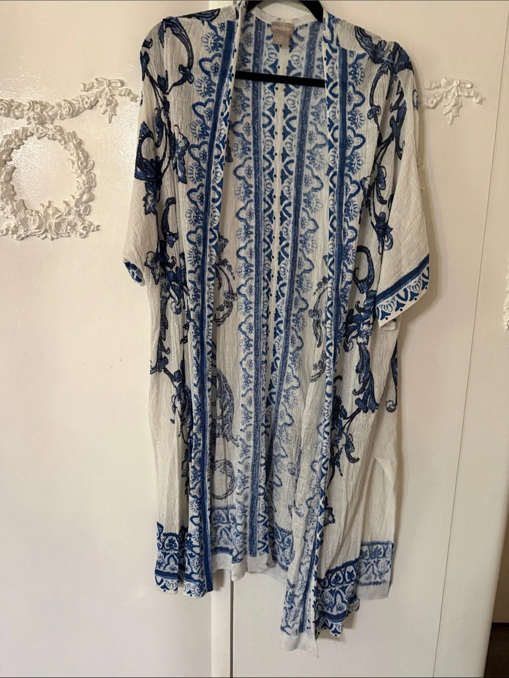 Chico's White and Blue Open Front  Duster Kimono
